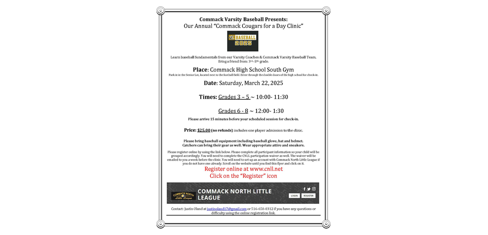 Commack Varsity Baseball Presents Our Annual Commack Cougars for a Day Clinic